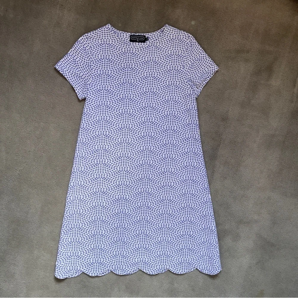 Duffield Lane Scalloped Hem Cornflower Blue and White Patterned Dress Small - Picture 13 of 13